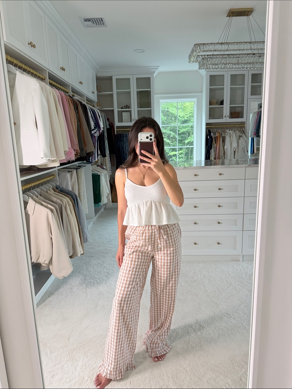 Beige Gingham Wide-Leg Pants Lined